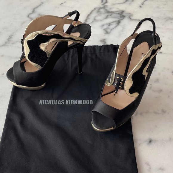 Nicholas Kirkwood Satin, Leather and Velvet Slingback Platform Sandals - Picture 2 of 12